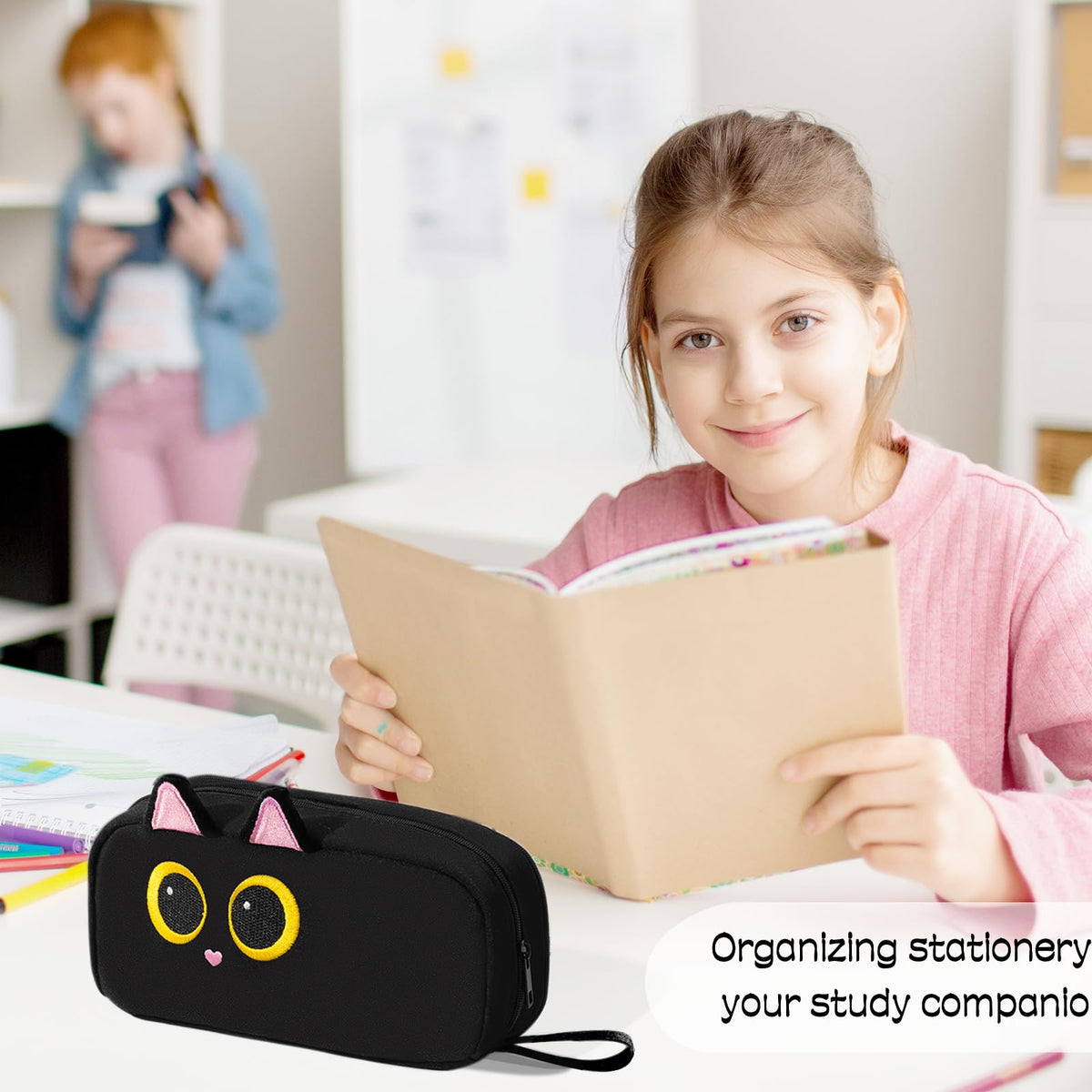 Large Capacity Pencil Case with Embroidered Animal Design