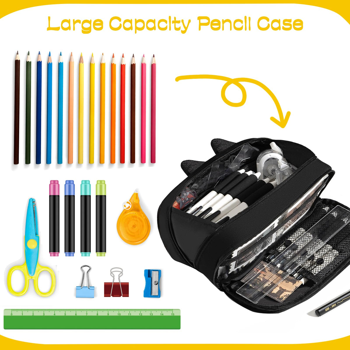Large Capacity Pencil Case with Embroidered Animal Design