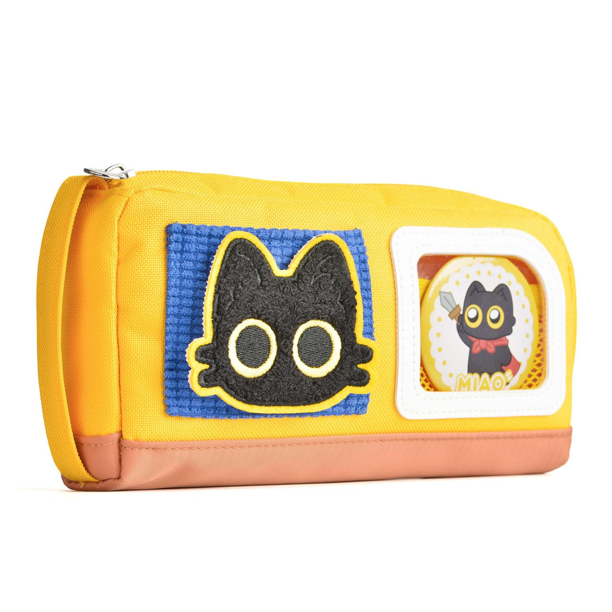Large Capacity Cat Pencil Case with Decorative Stickers and Badges