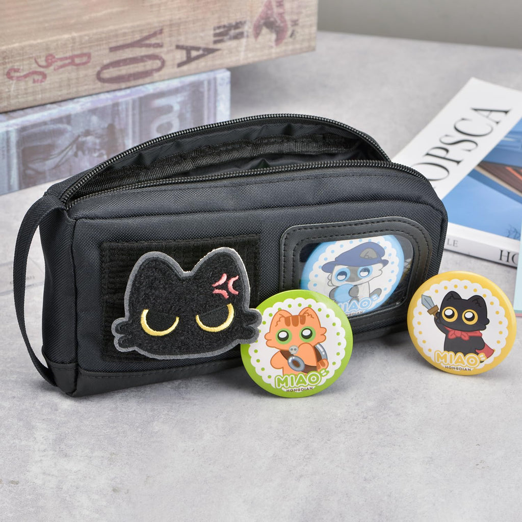 Large Capacity Cat Pencil Case with Decorative Stickers and Badges