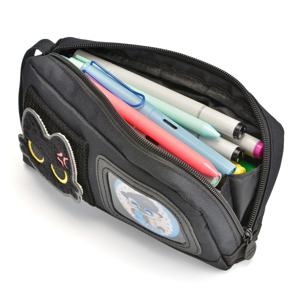 Large Capacity Cat Pencil Case with Decorative Stickers and Badges