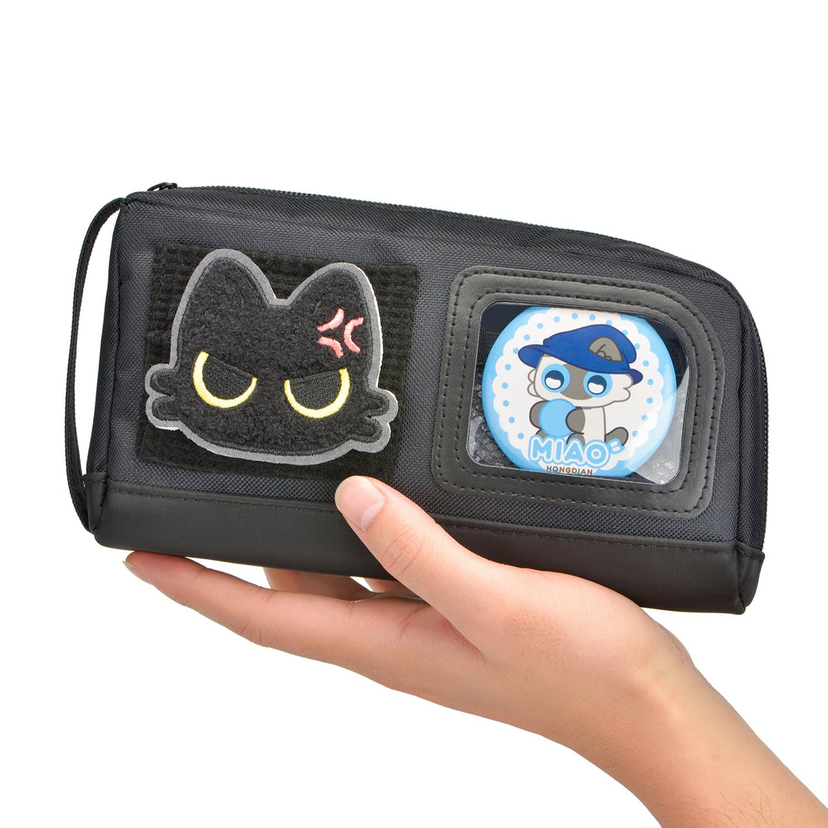 Large Capacity Cat Pencil Case with Decorative Stickers and Badges