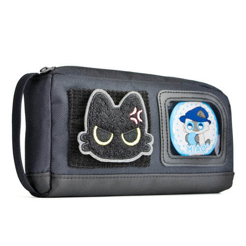 Large Capacity Cat Pencil Case with Decorative Stickers and Badges