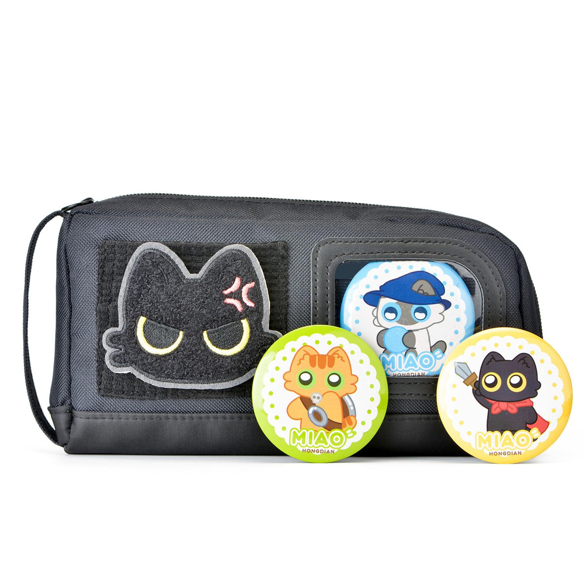 Large Capacity Cat Pencil Case with Decorative Stickers and Badges