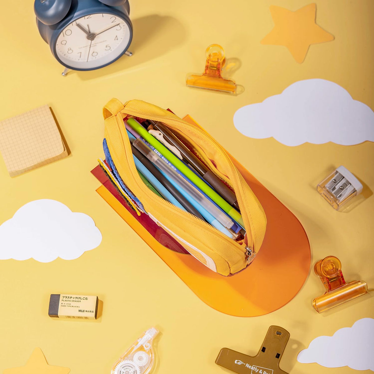 Large Capacity Cat Pencil Case with Decorative Stickers and Badges