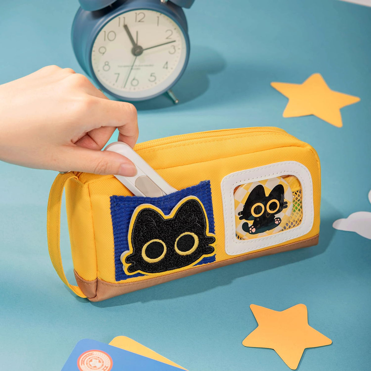 Large Capacity Cat Pencil Case with Decorative Stickers and Badges