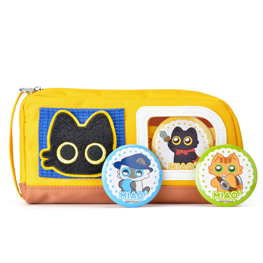 Large Capacity Cat Pencil Case with Decorative Stickers and Badges