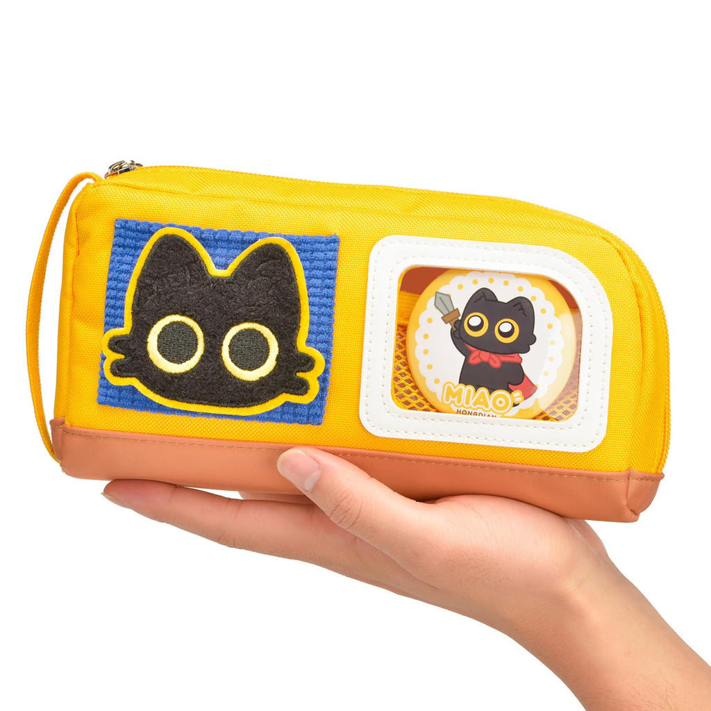 Large Capacity Cat Pencil Case with Decorative Stickers and Badges