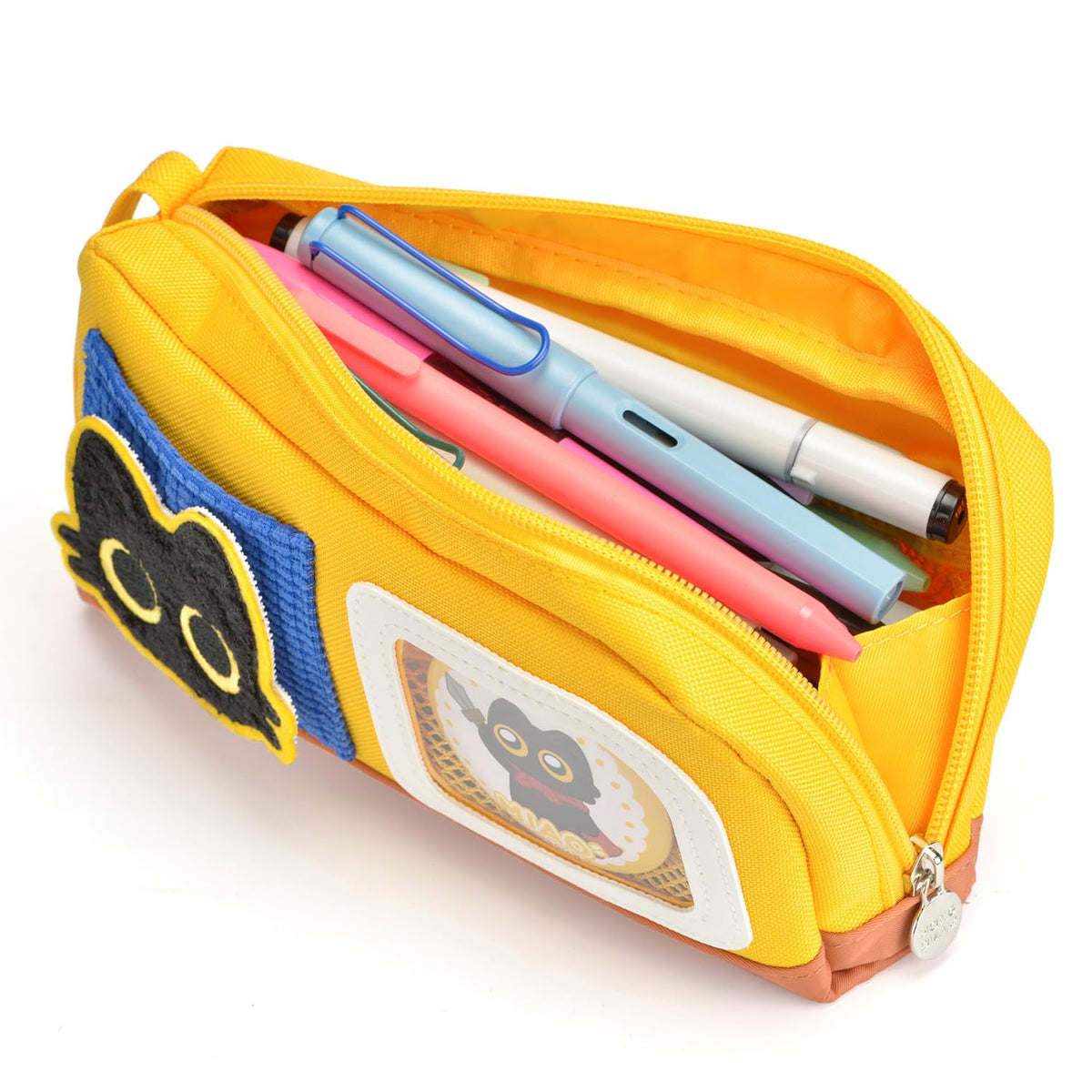 Large Capacity Cat Pencil Case with Decorative Stickers and Badges