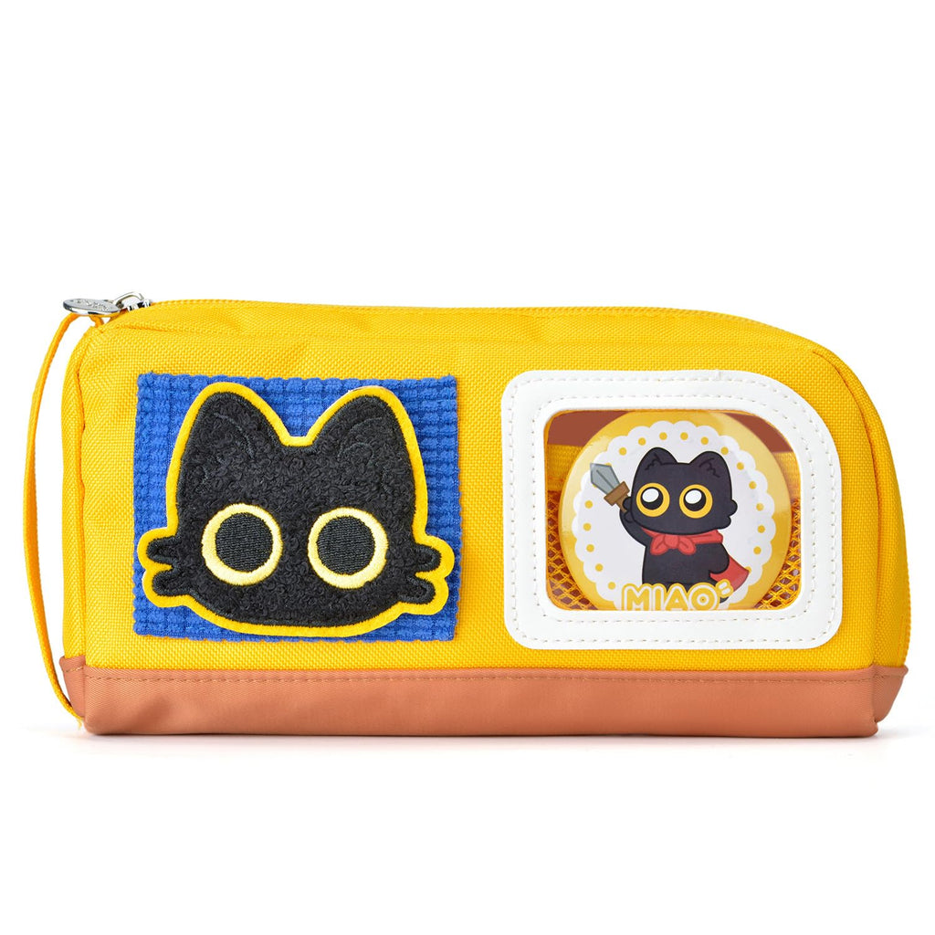 Large Capacity Cat Pencil Case with Decorative Stickers and Badges