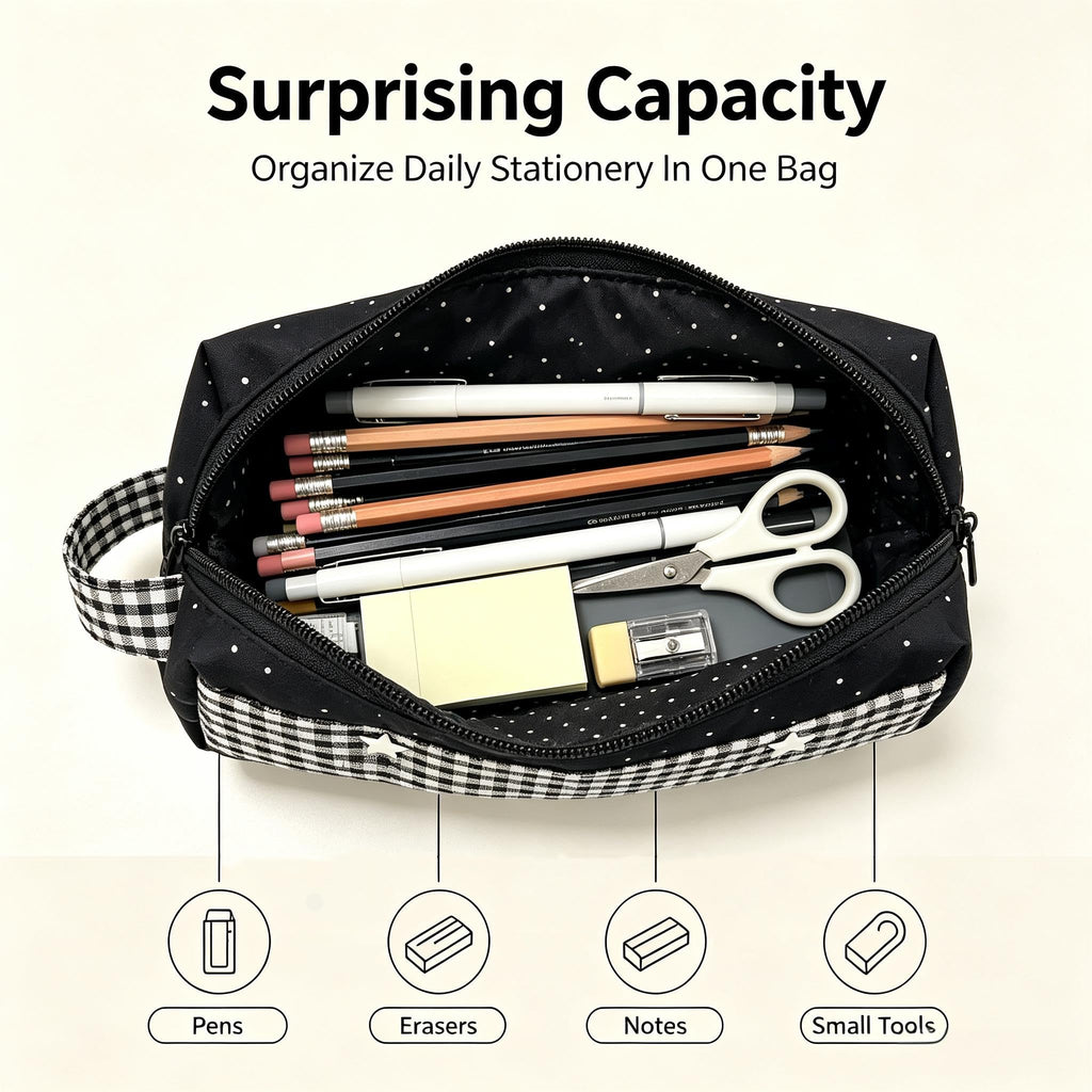 Large Retro Polka Dot Pencil Case with Zipper Closure