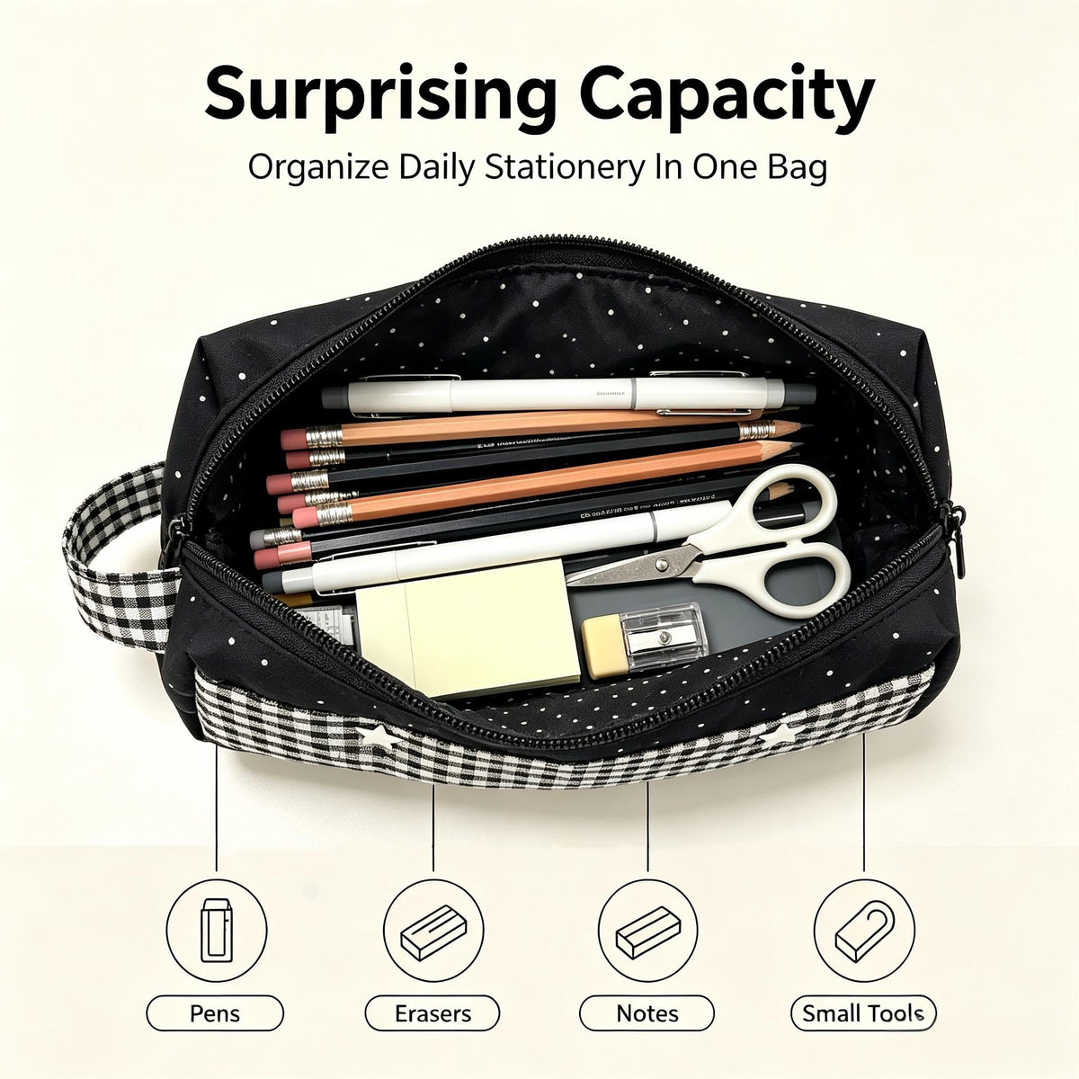 Large Retro Polka Dot Pencil Case with Zipper Closure
