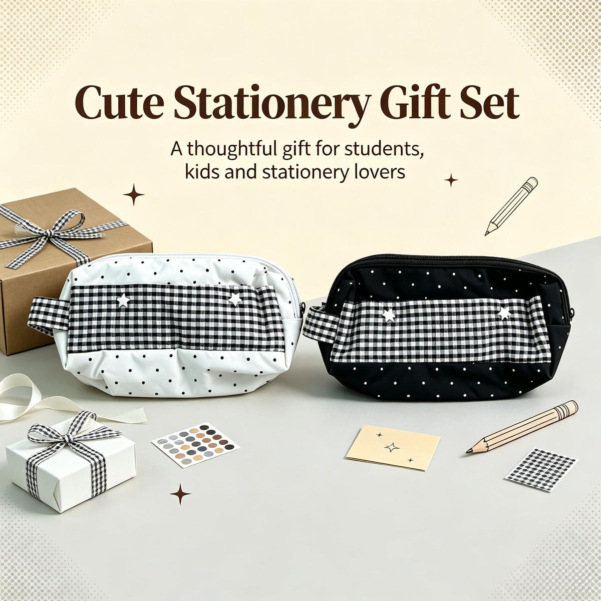 Large Retro Polka Dot Pencil Case with Zipper Closure