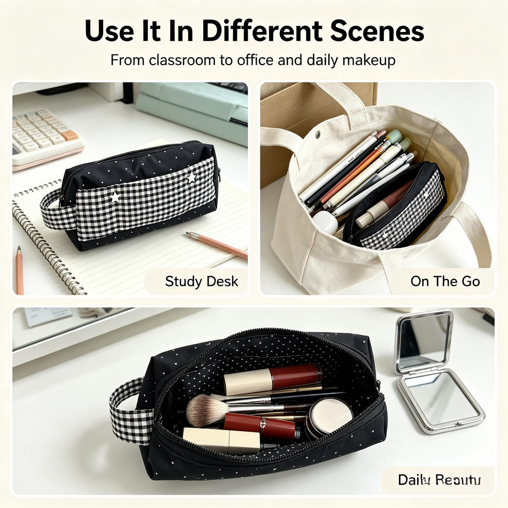 Large Retro Polka Dot Pencil Case with Zipper Closure