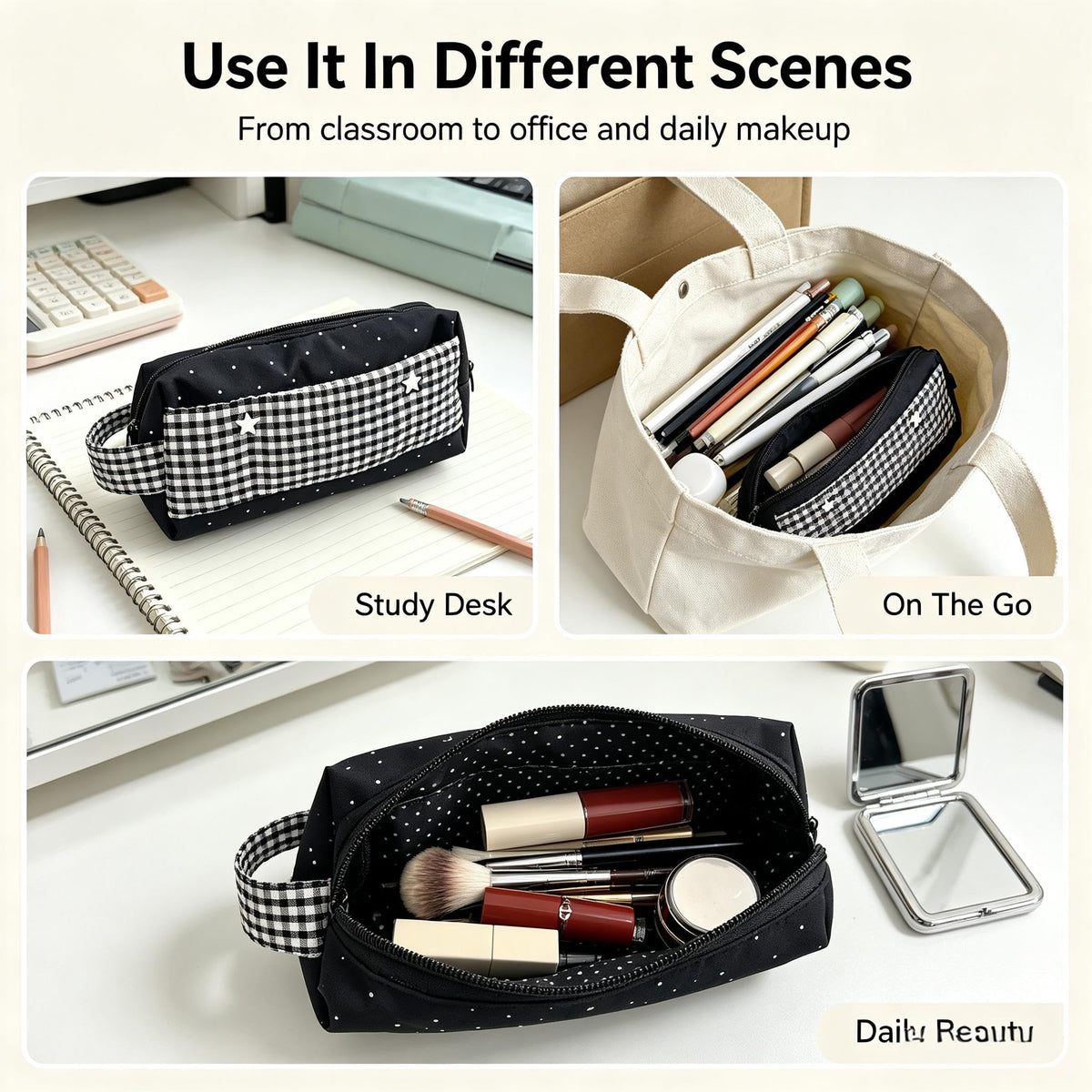Large Retro Polka Dot Pencil Case with Zipper Closure