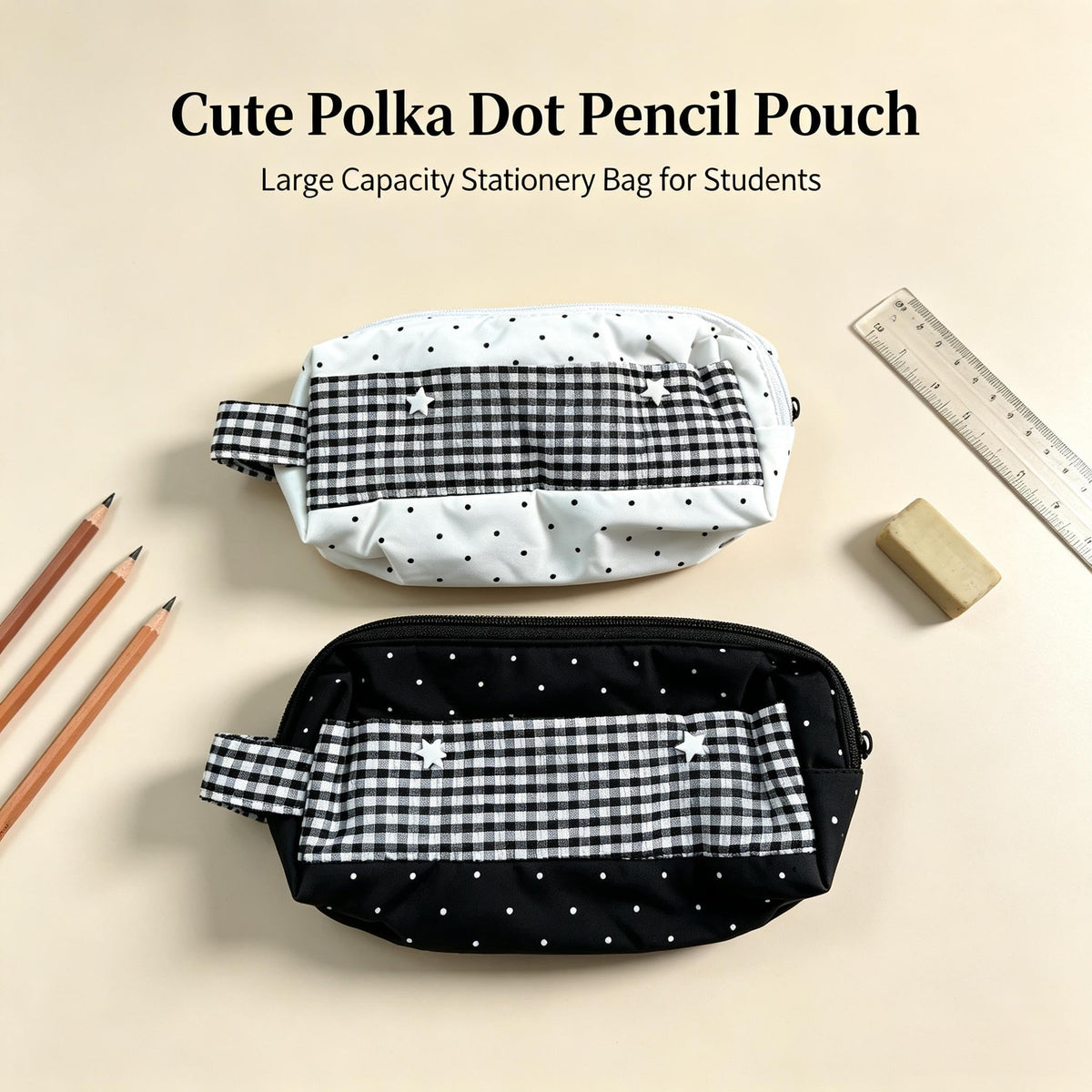 Large Retro Polka Dot Pencil Case with Zipper Closure
